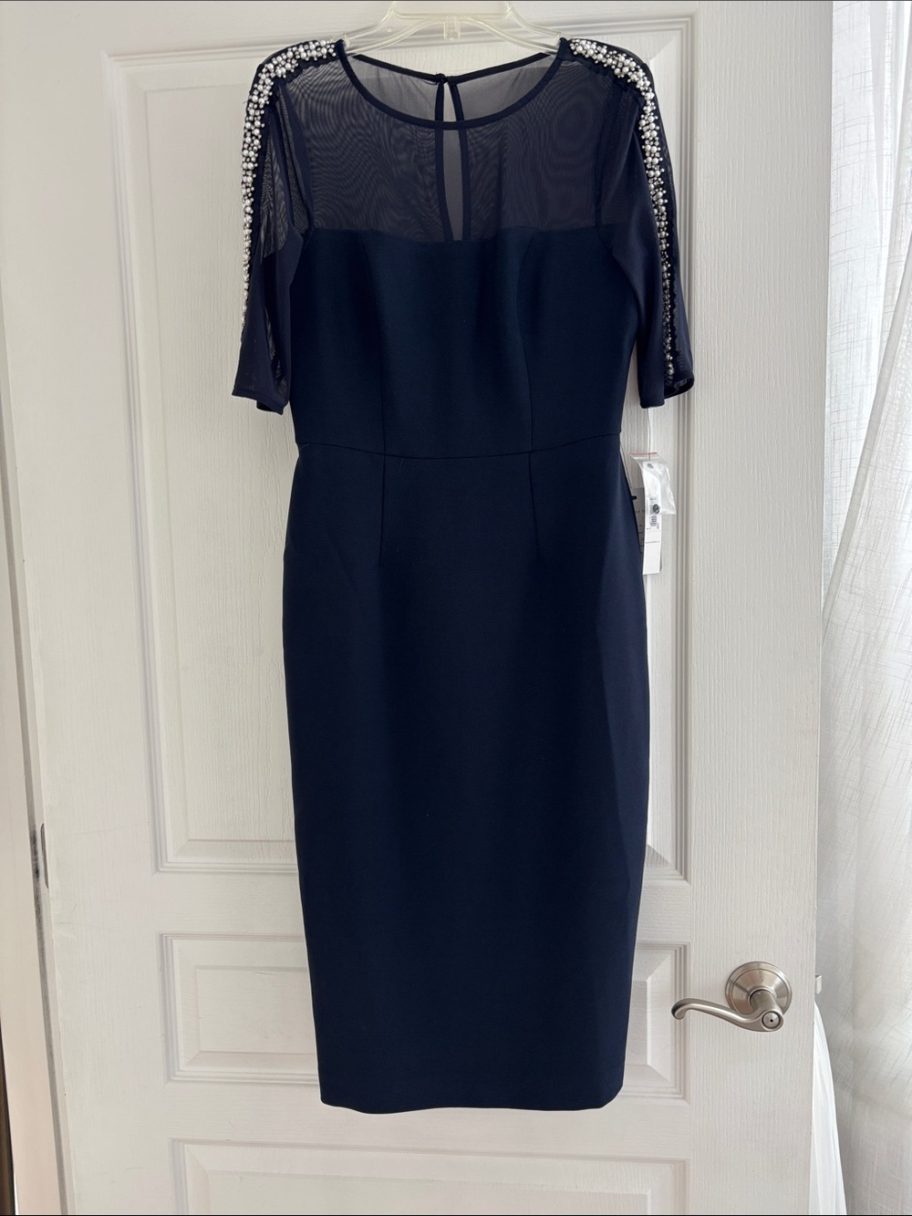 Maggy London Navy Sheer Yoke Midi Dress with Crystal-Embellished Shoulders